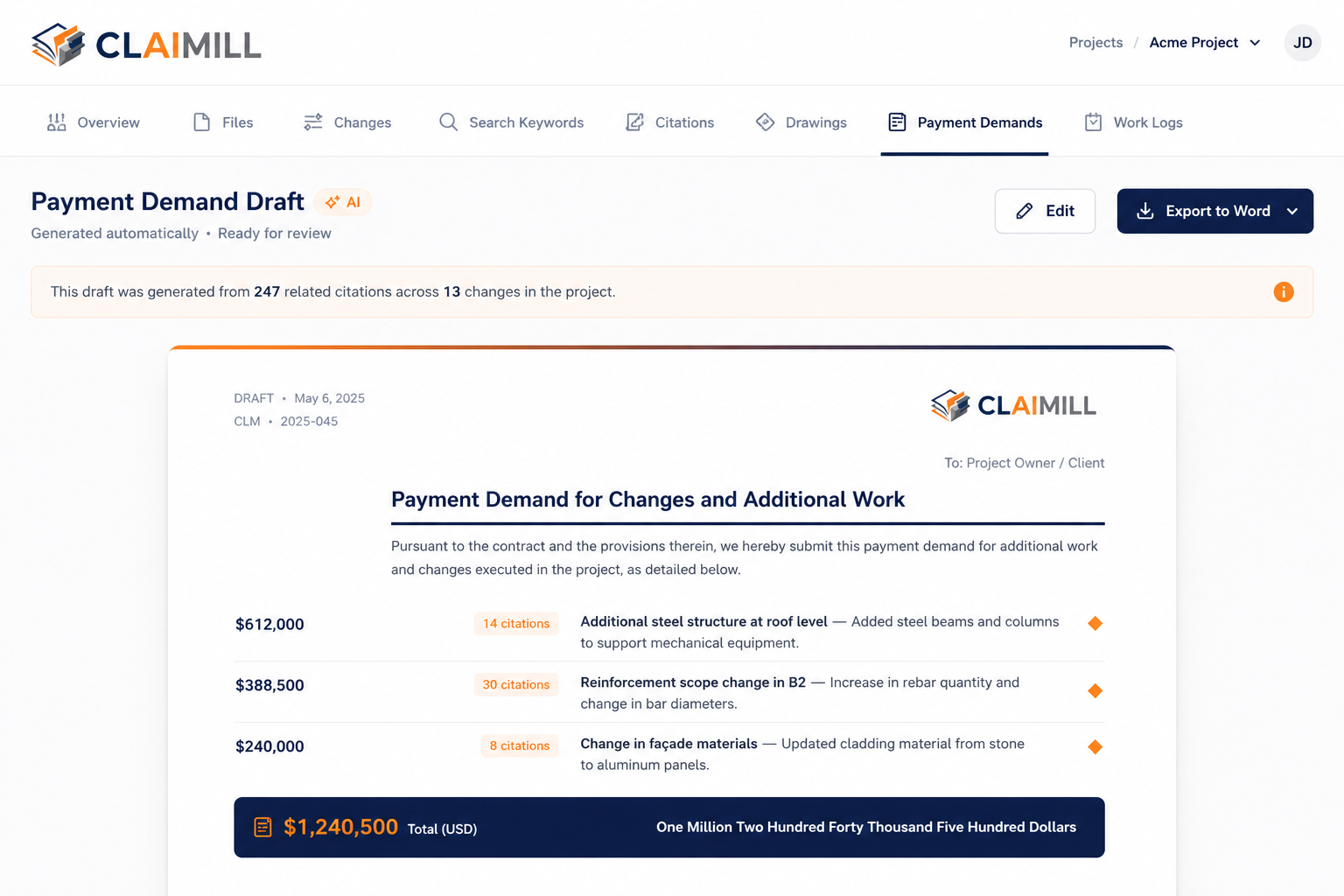 A payment-demand draft generated by Claimill